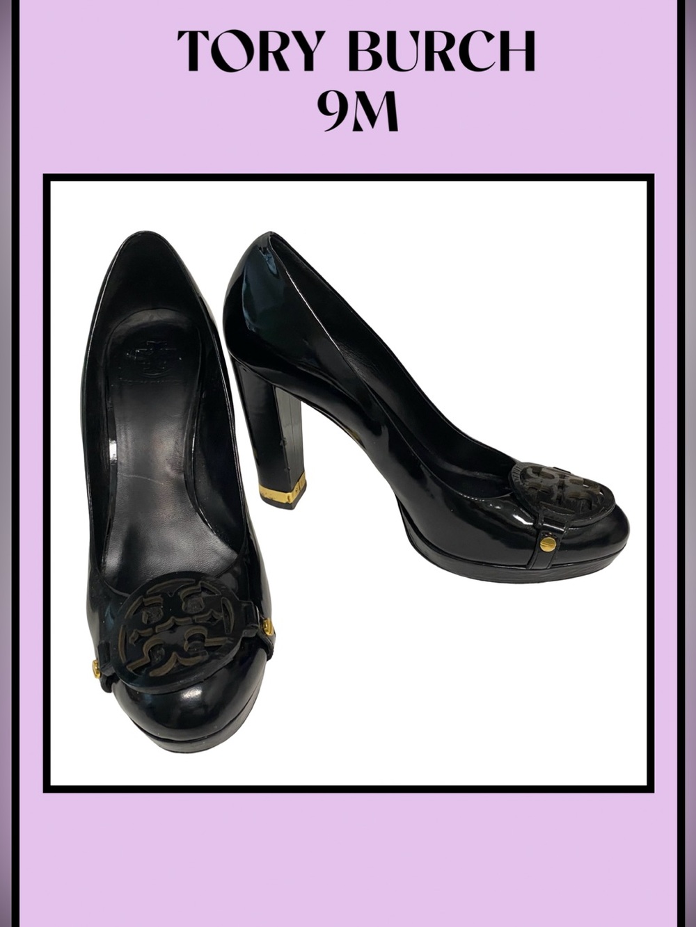 TORY BURCH Black Patent Leather Pump Shoe Chunky Heel 9M